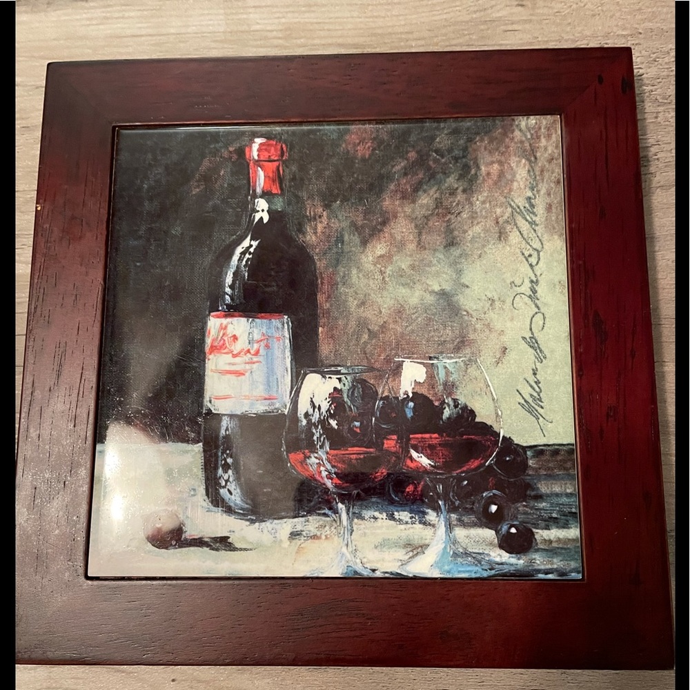 Wine, Grapes & Goblets on Tile Framed in Dark Wood